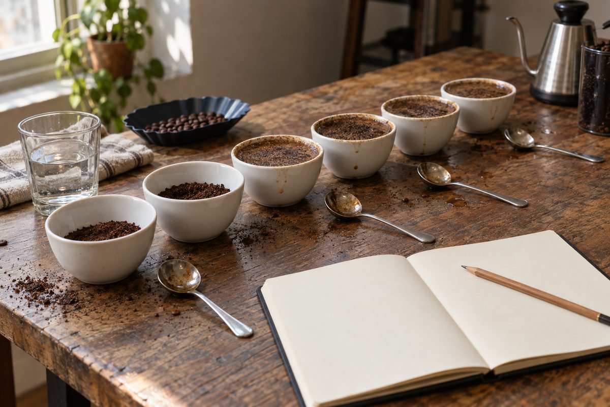 Mesa de cata con cuencos de café molido, cucharas y un cuaderno