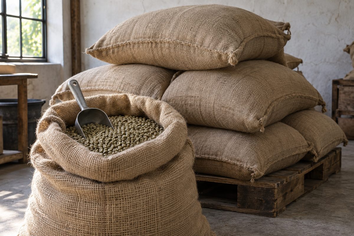Sacos de yute abiertos con café verde sin tostar