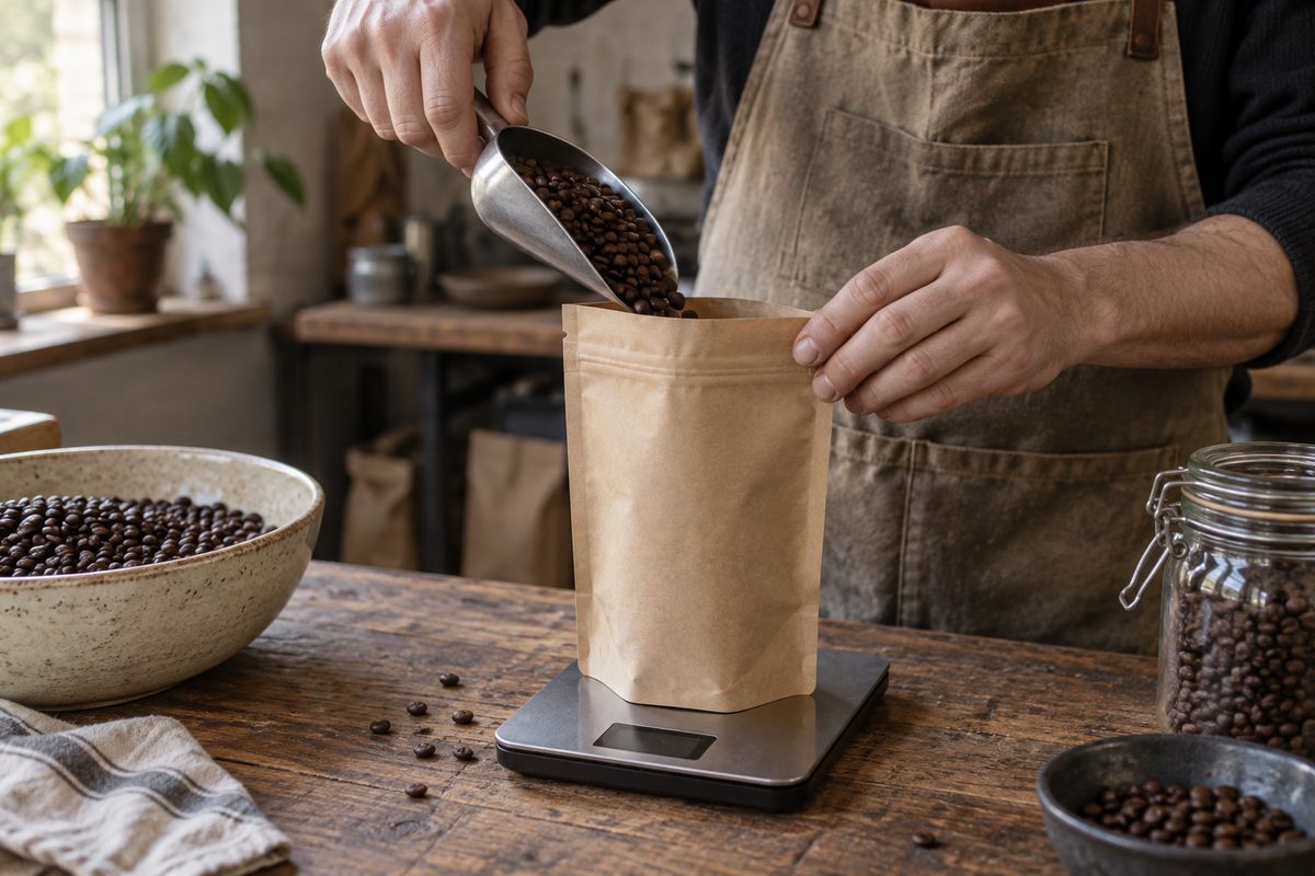 Manos llenando una bolsa kraft con café en grano sobre una báscula