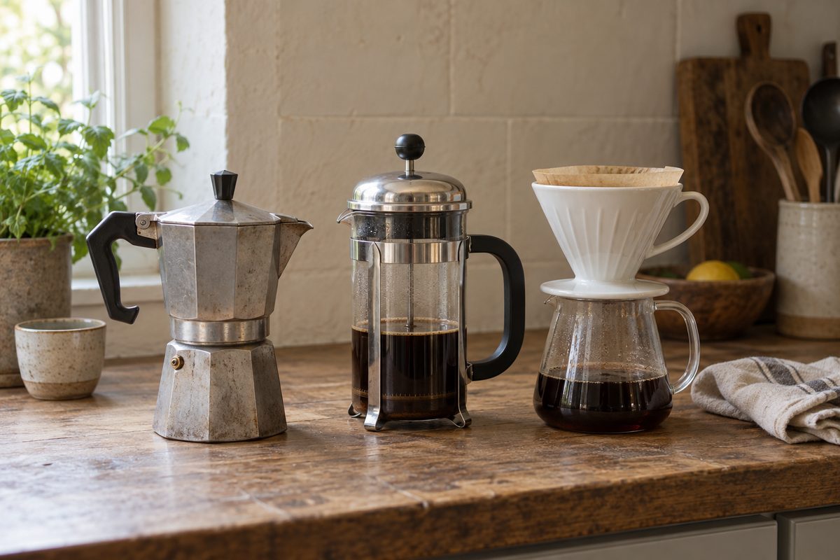 Cafetera italiana, prensa francesa y cono de filtro sobre una encimera