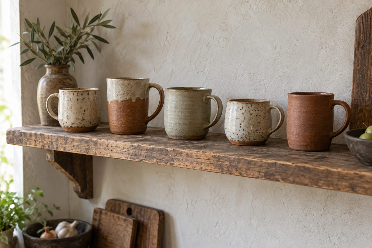 Estante con tazas de gres hechas a mano en tonos arena, crema y terracota