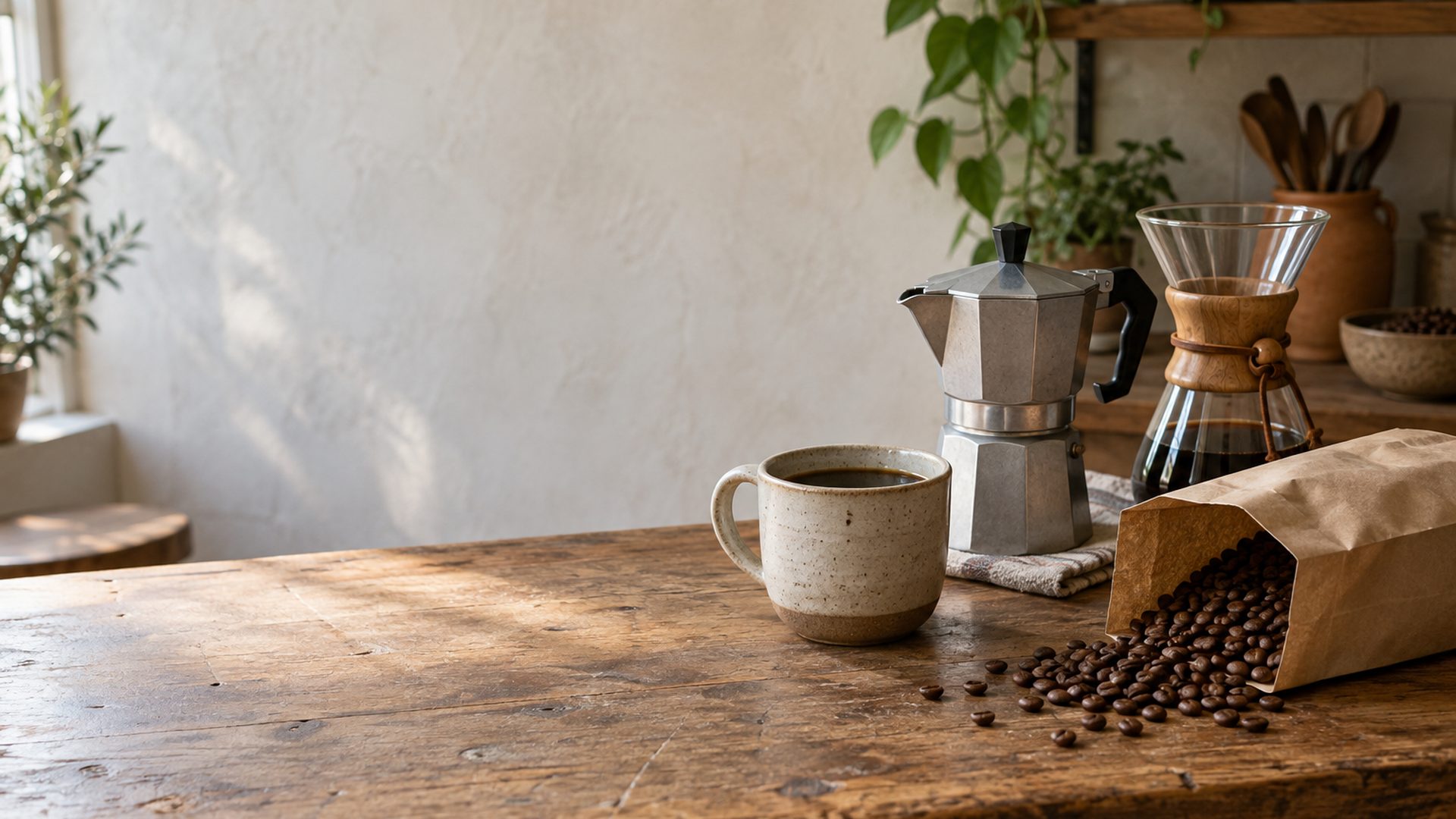 Bolsa de café en grano abierta junto a una taza, una cafetera italiana y una jarra de filtro sobre una barra de madera