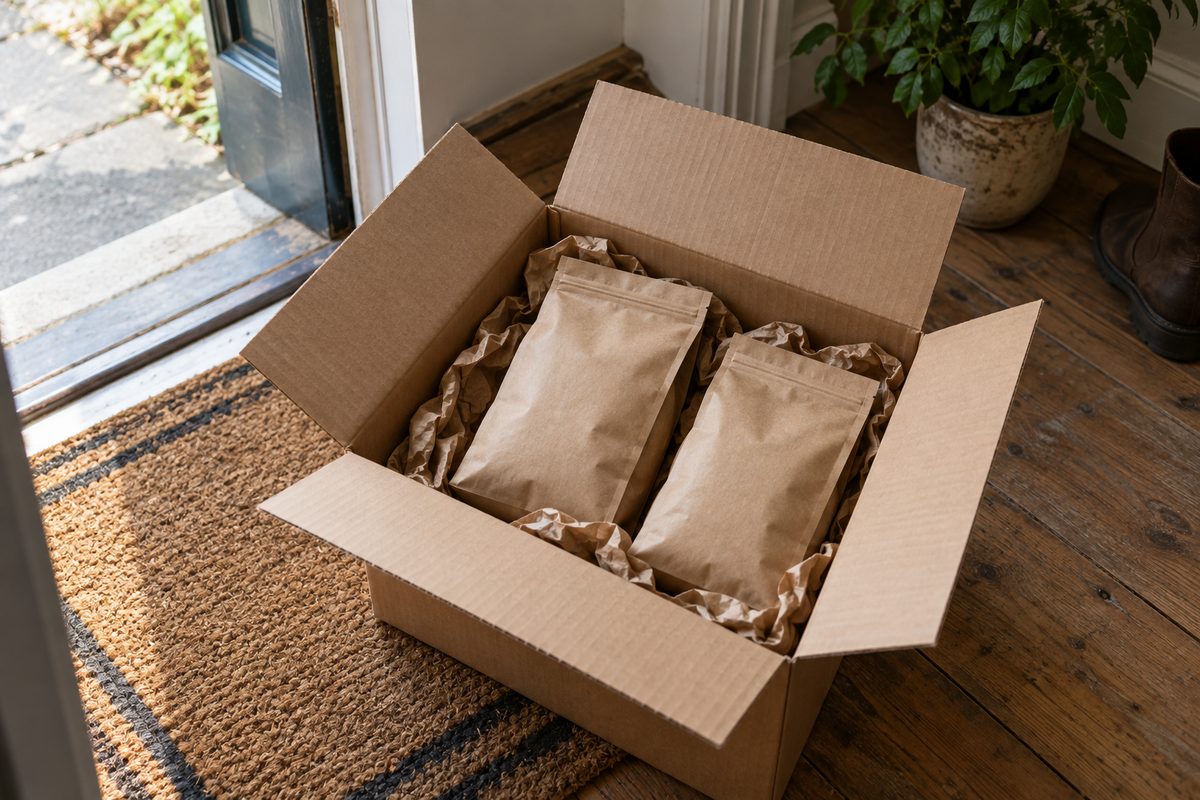 Caja de cartón abierta con dos bolsas de café kraft y papel de relleno